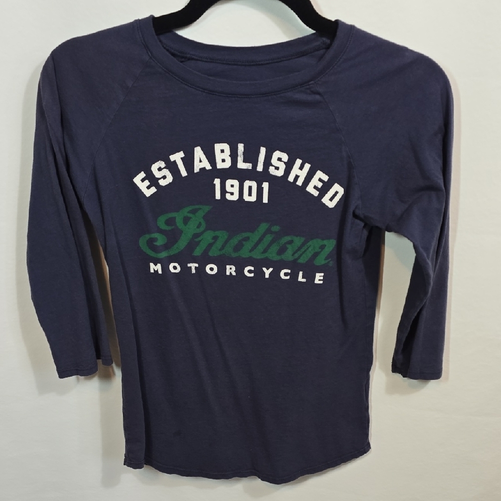 INDIAN MOTORCYCLE Raglan 3/4 Sleeve Tee Navy/White/Green Ladies Small